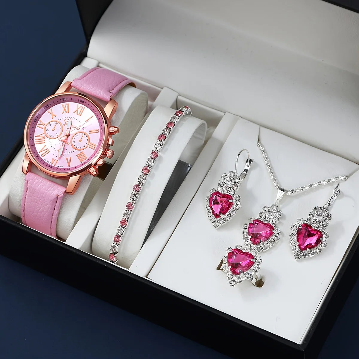 Fashion quartz watch and jewelry set from Corporación Turística, featuring stylish design and durable construction.