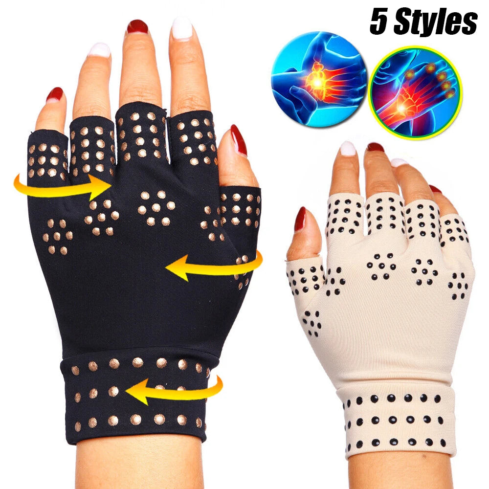 Pair of fingerless magnetic nylon gloves for arthritis therapy by Corporación Turística, showing their comfortable design.