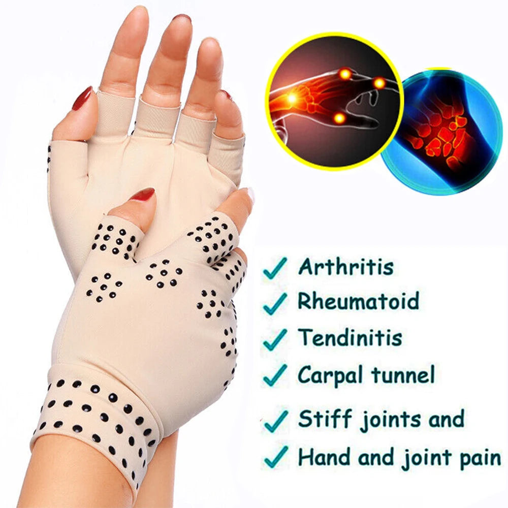 Pair of fingerless magnetic therapy gloves made of nylon by Corporación Turística, designed for arthritis relief.