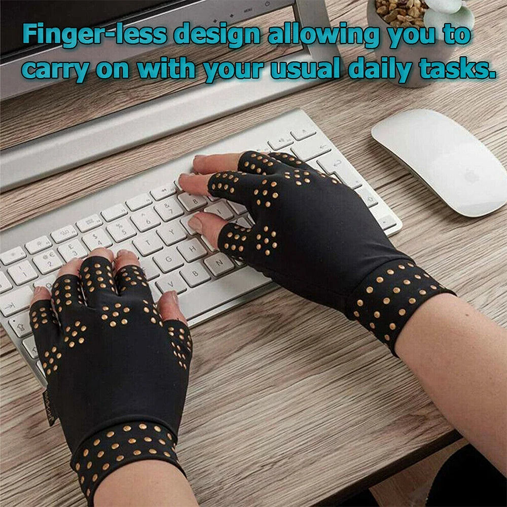 Pair of nylon fingerless magnetic therapy gloves by Corporación Turística for arthritis relief and joint comfort.