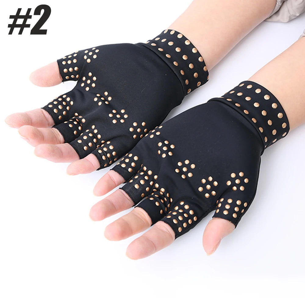 Pair of nylon fingerless magnetic therapy gloves for arthritis from Corporación Turística, showing the gloves on a white background.
