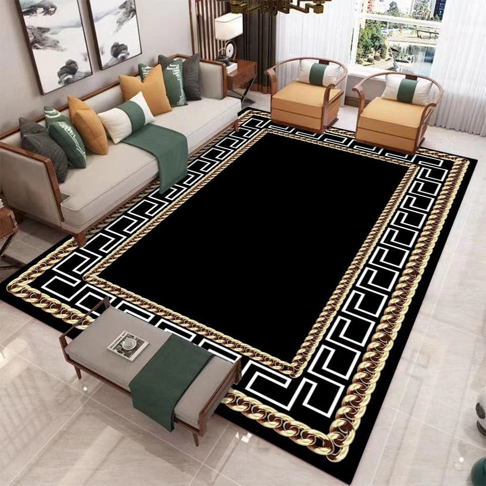 Luxurious Nordic geometric rug with modern patterns, featuring bold shapes and neutral tones, ideal for contemporary living spaces.
