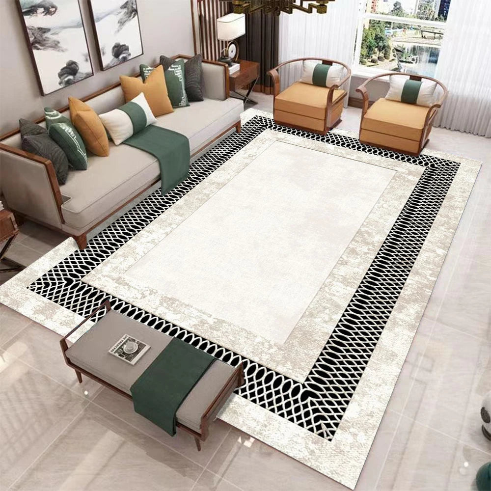 Luxurious Nordic geometric rug from Corporación Turística, showcasing modern patterns and soft textures on a light background.