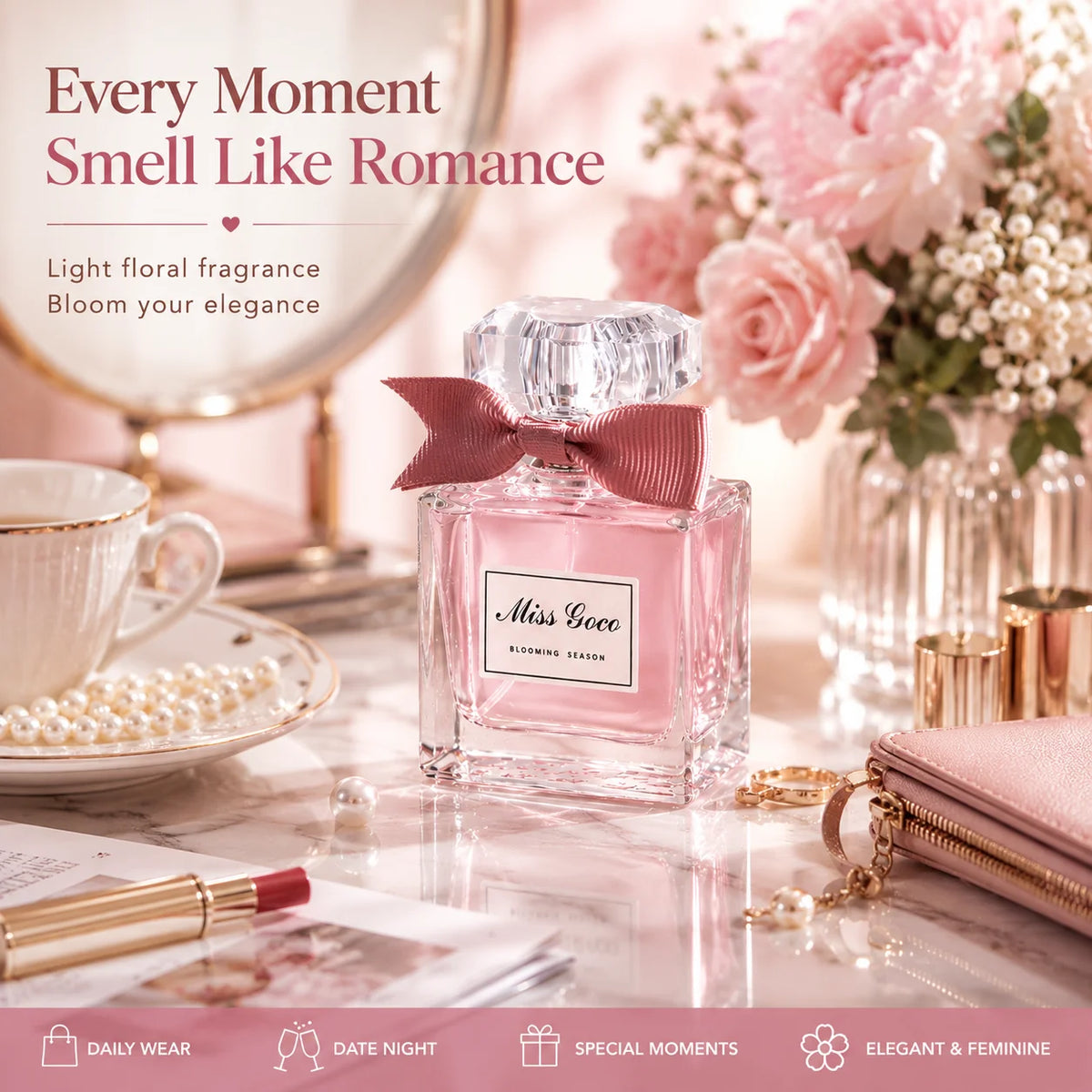50ml Floral Sweetheart EDT perfume by Corporación Turística, elegant glass bottle with floral design, fresh and sweet fragrance.