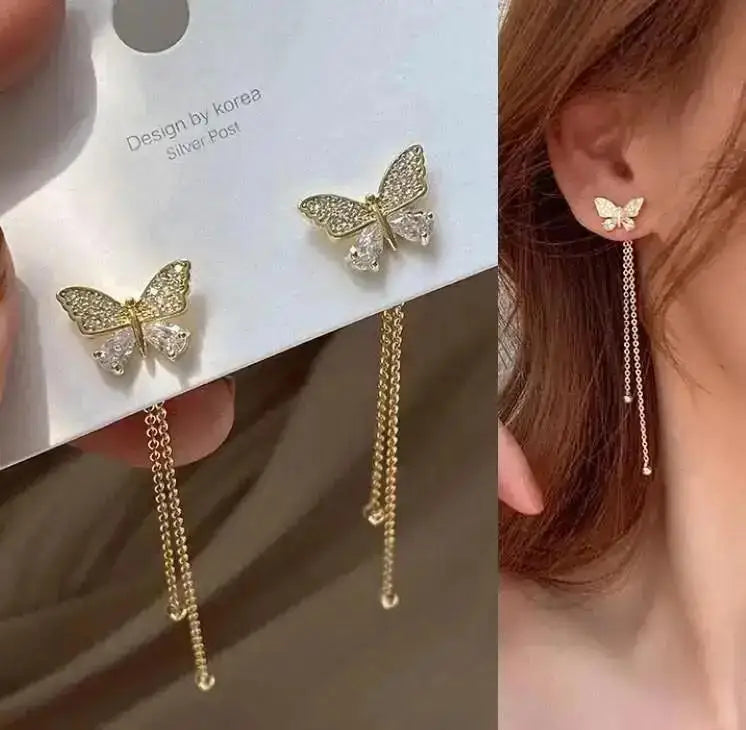 Korean fashion pearl tassel earrings with needle hook, featuring small crystal beads and elegant pearl accents.