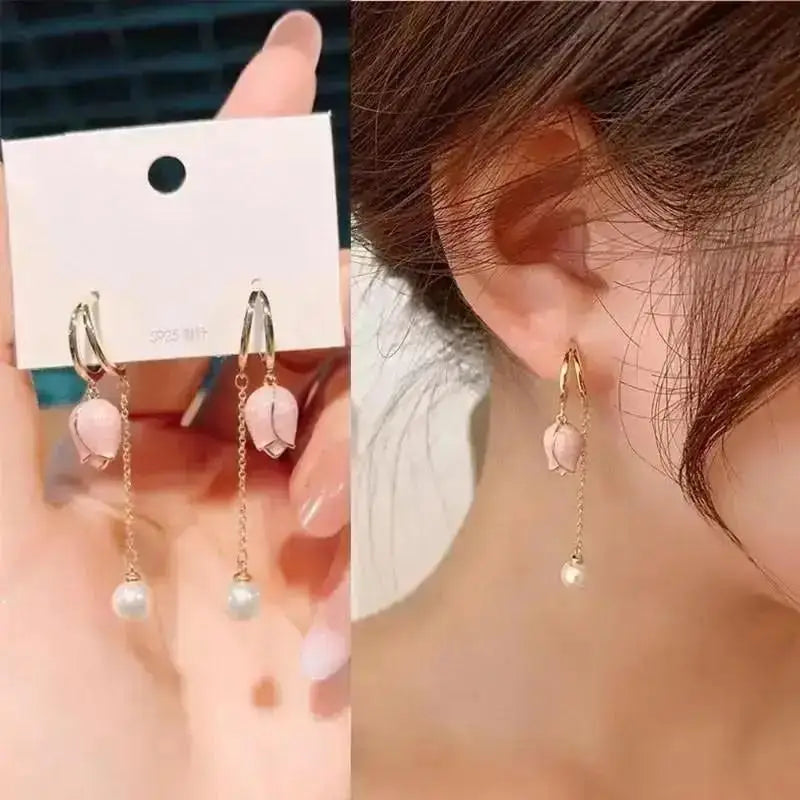 Elegant Korean fashion pearl tassel earrings with needle hook, featuring 5mm crystal beads and stylish design for trendy looks.