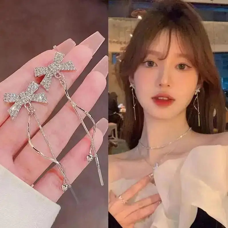 Korean fashion pearl tassel earrings with needle post, featuring 5mm crystal beads and elegant design
