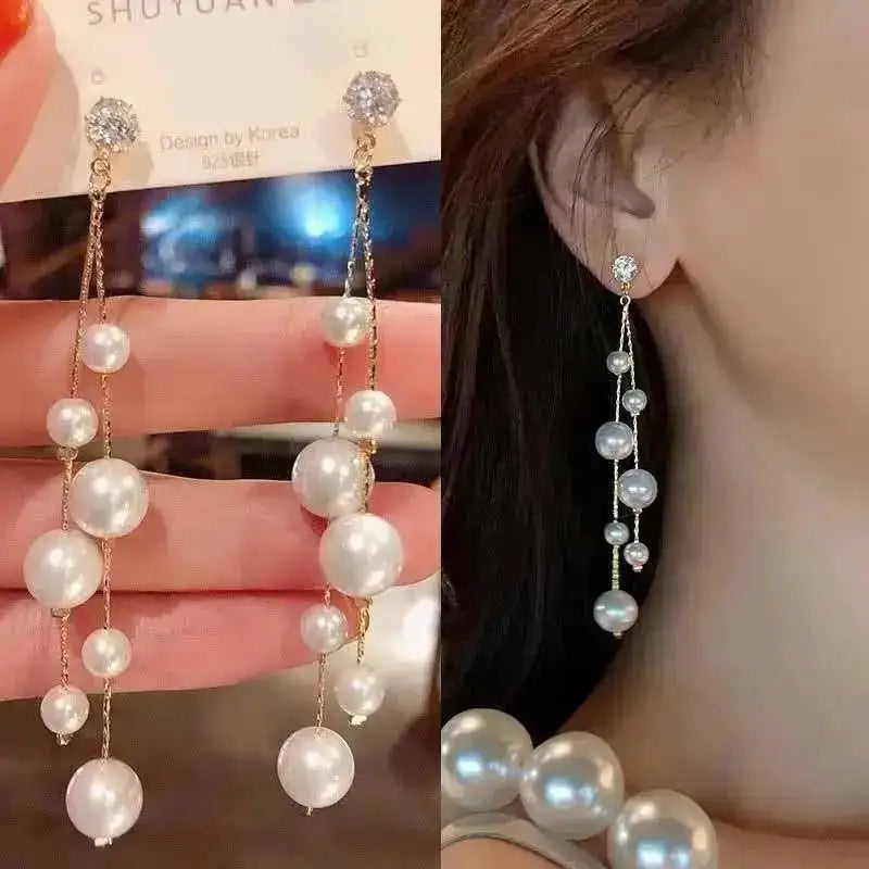 Korean fashion pearl tassel earrings with needle hook, featuring 5mm crystal beads, stylish and elegant jewelry accessory