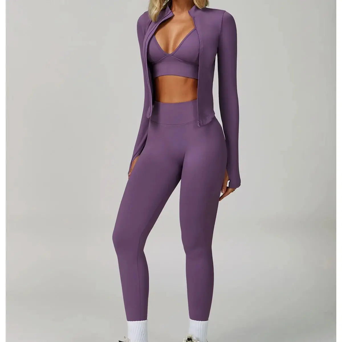 Black seamless 2/3-piece sports yoga set by Corporación Turística, includes fitted leggings and sports bra for active wear.