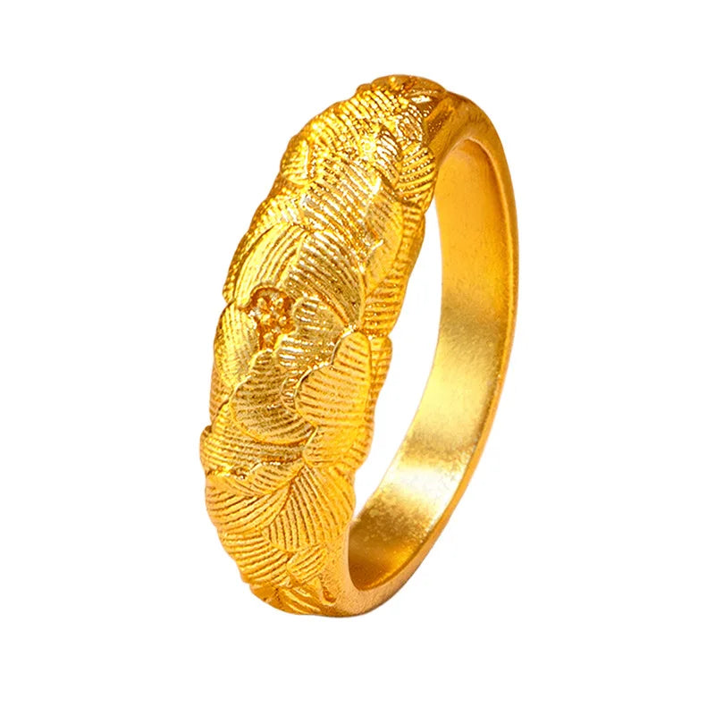Gold solid ring with peony relief design for women, showcasing intricate floral detailing on shiny gold band.