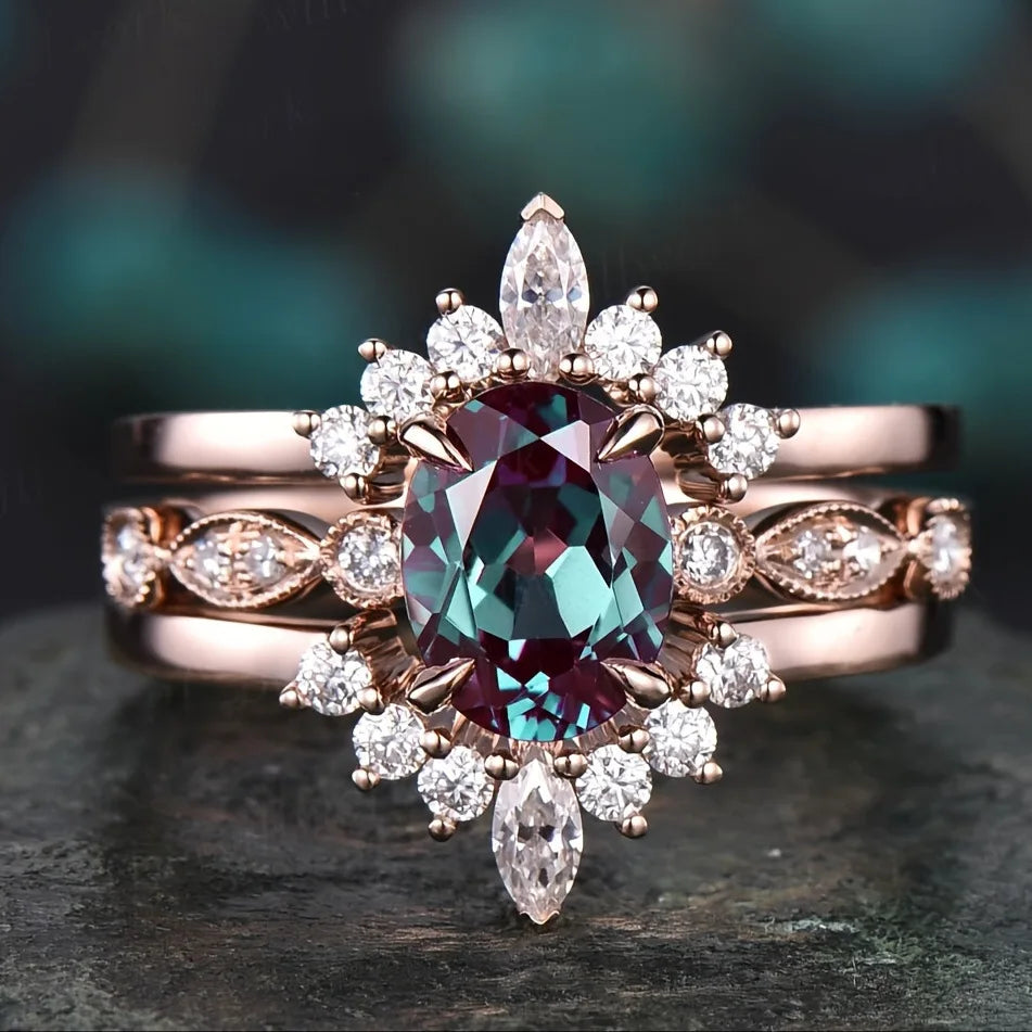 Women’s copper ring with embedded crystal accents, featuring intricate design and elegant craftsmanship.
