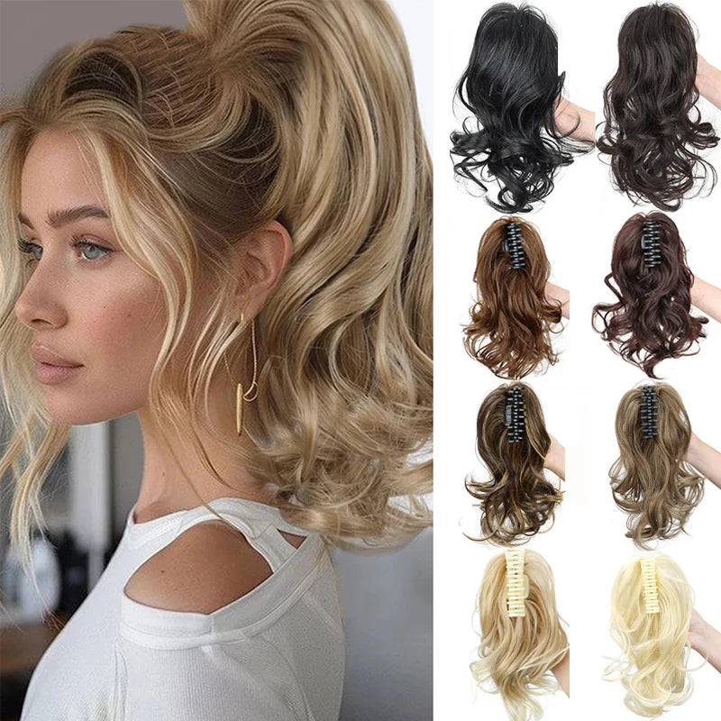 Short curly clip-in ponytail extension by Corporación Turística, 12 inches long, with a secure clip for easy attachment.