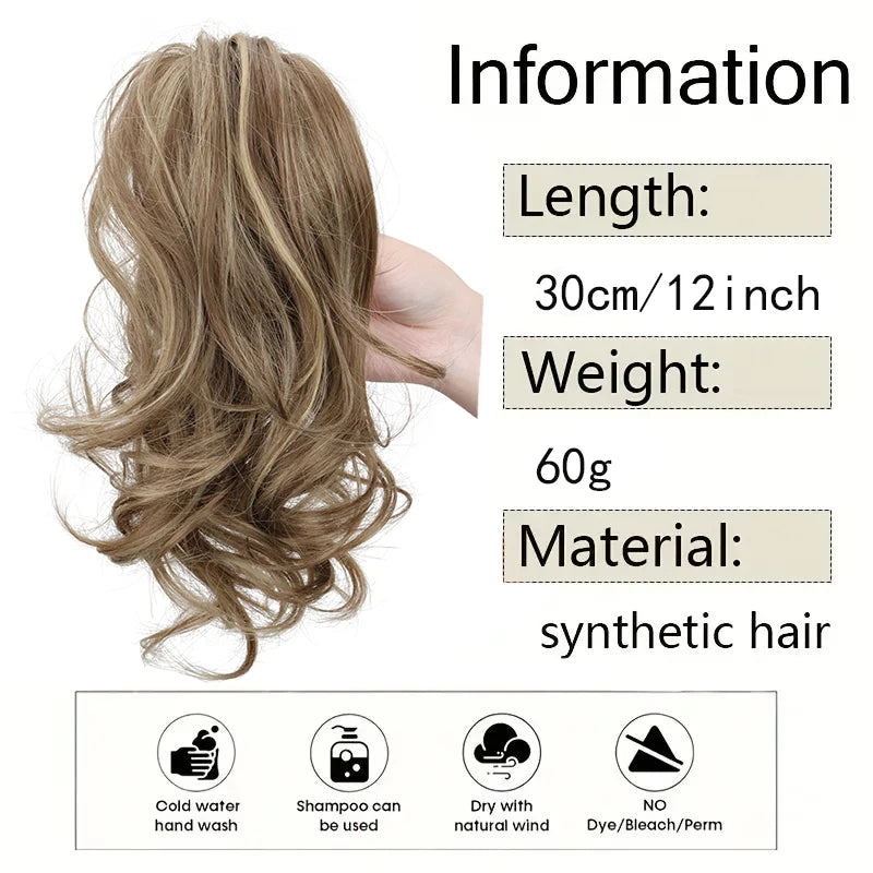 Short curly blonde ponytail extension with clip from Corporación Turística, 12 inches long, styled with volume and natural curls.