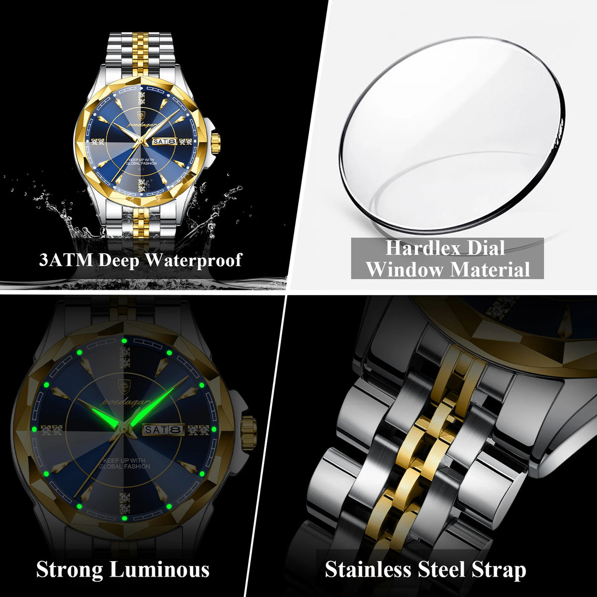 Silver and white POEDAGAR men's business wristwatch with durable strap, stylish design, and classic analog display.