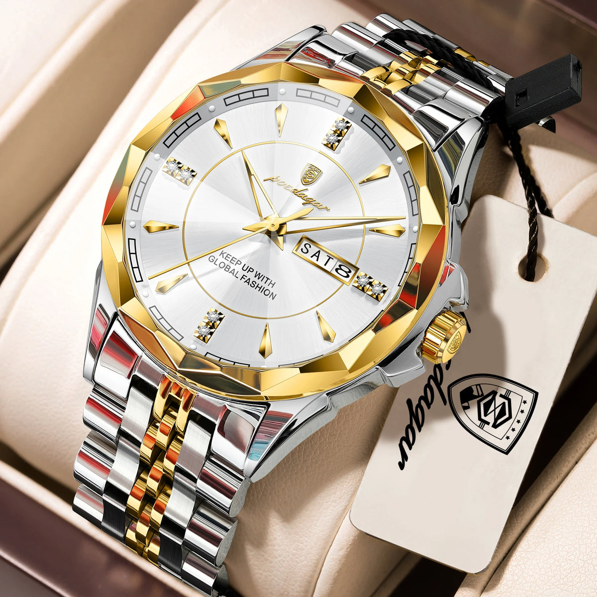 Silver and white POEDAGAR men's business wristwatch by Corporación Turística, featuring a sleek, durable design for professional wear.