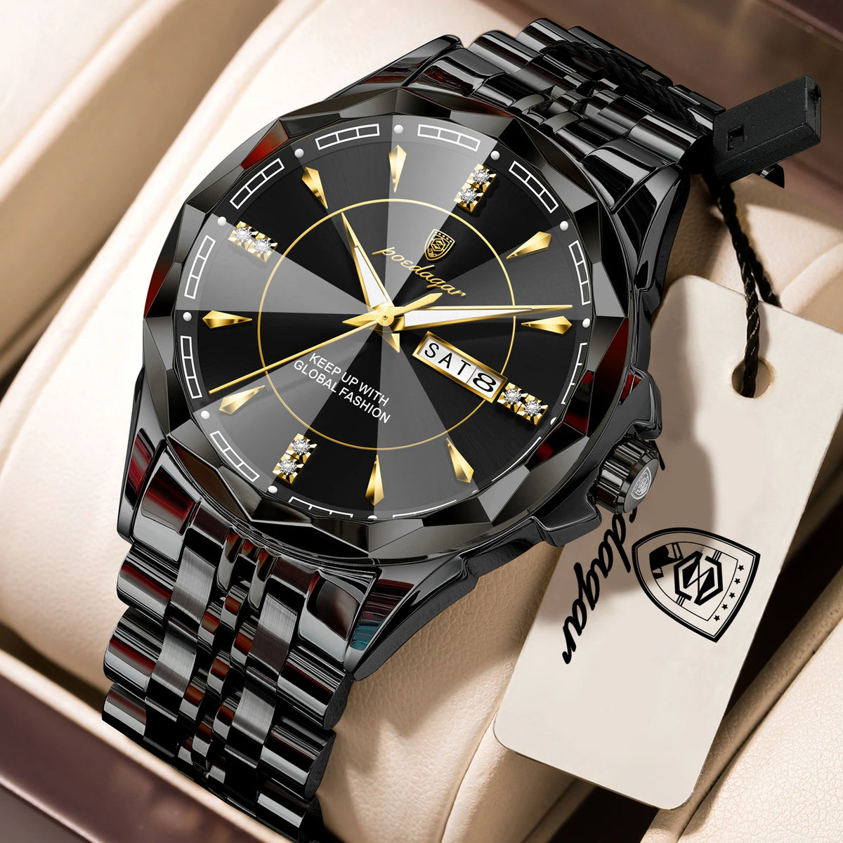 Silver POEDAGAR men's business wristwatch with durable strap, featuring a sleek design for professional and everyday wear.