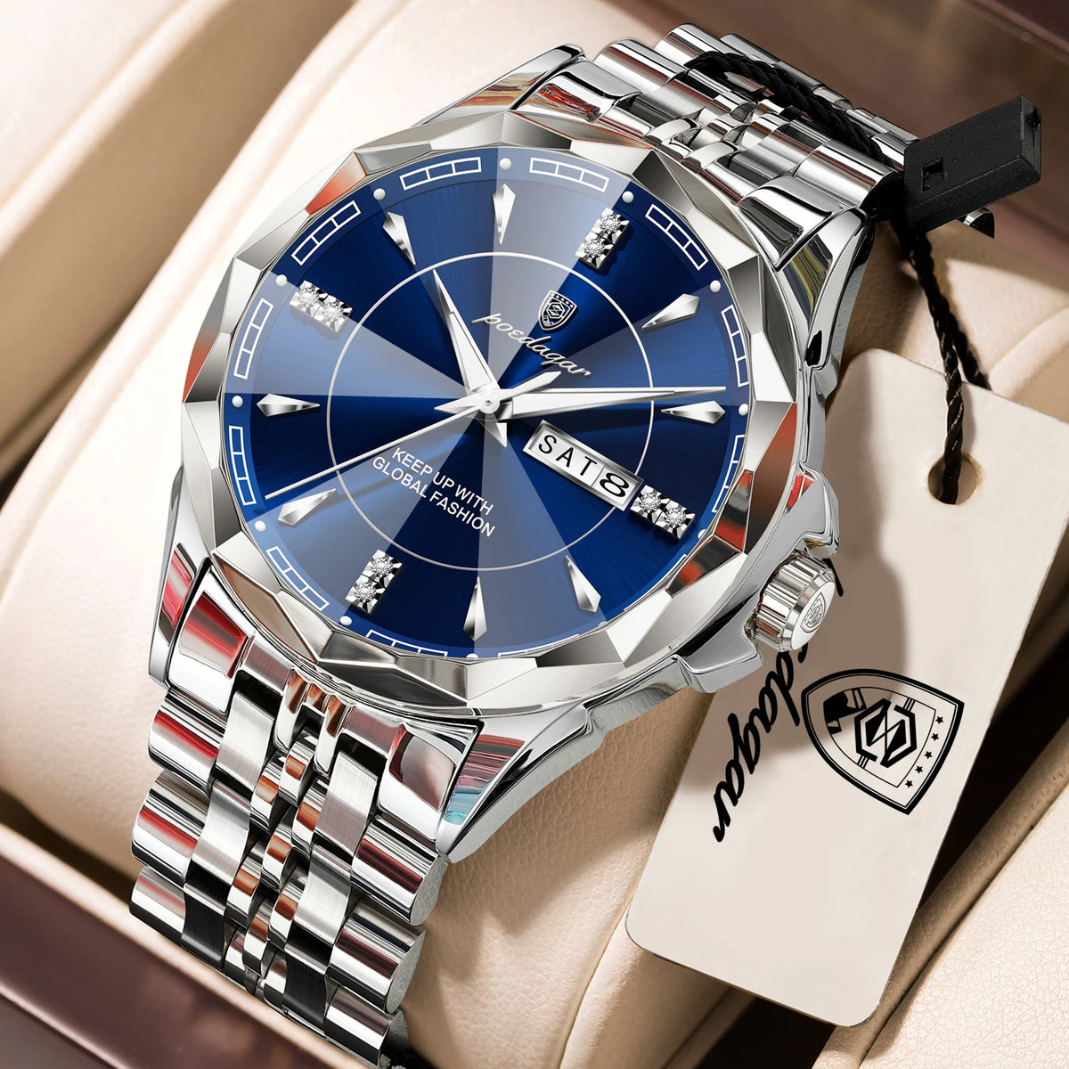 Silver and white POEDAGAR men's business wristwatch with a durable design, perfect for professional and everyday wear.