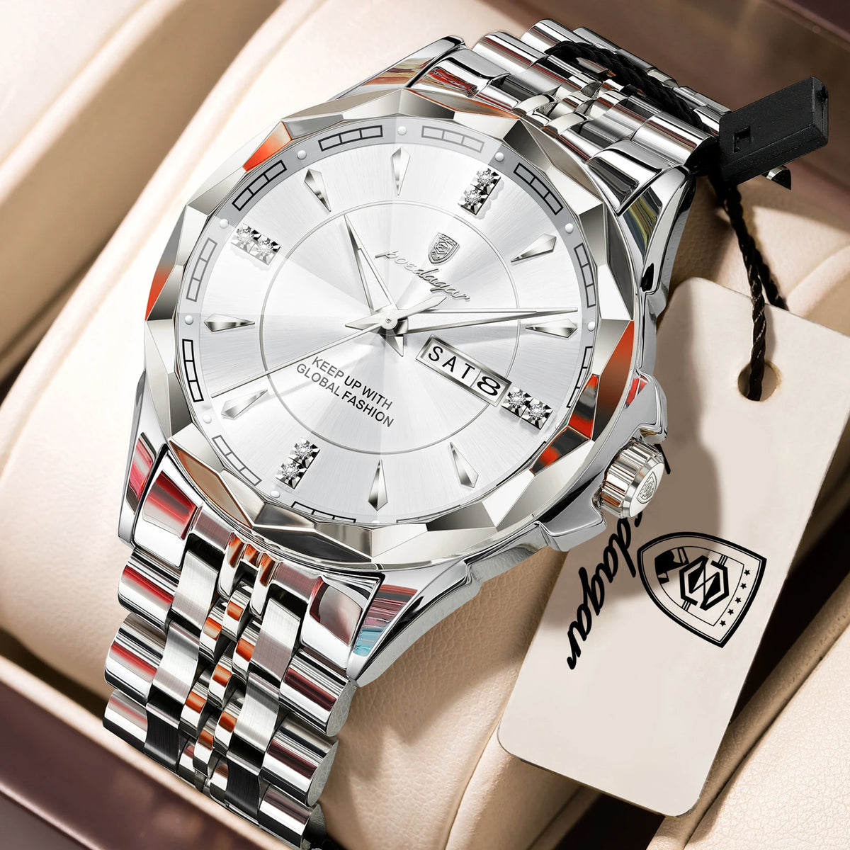 Silver men's POEDAGAR business wristwatch by Corporación Turística with a durable strap and classic design.