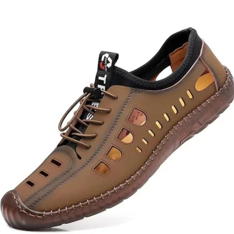 Brown leather men's casual sandals with soft insoles from Corporación Turística, featuring a comfortable open-toe design.