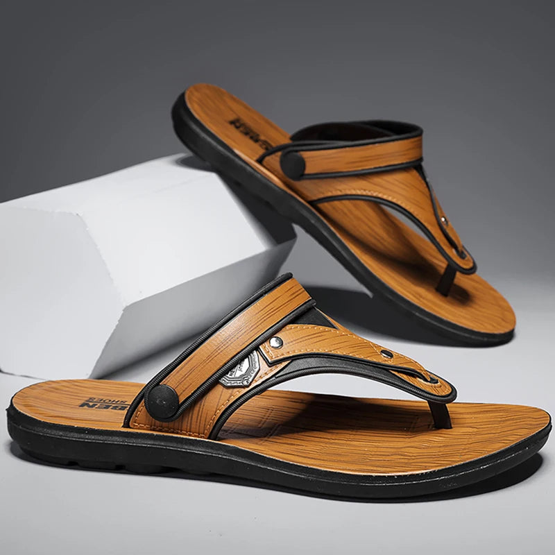 White and grey men's trendy slippers, classic sandals from Corporación Turística on a clean background.