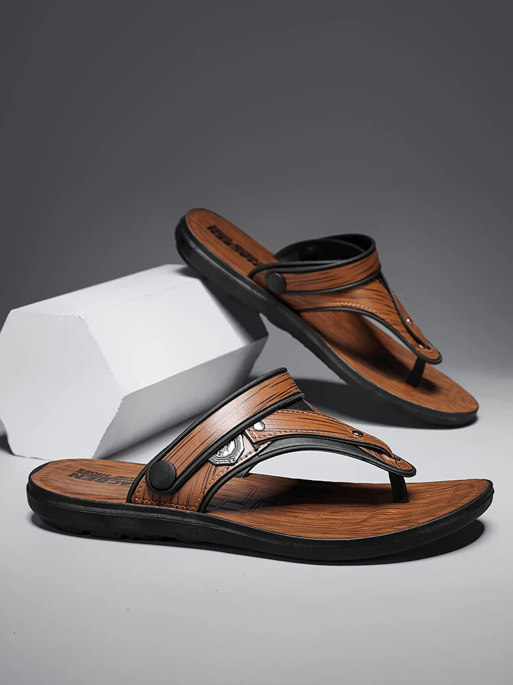 White and grey men's trendy flip-flops by Corporación Turística, featuring classic slip-on design and comfortable sole.