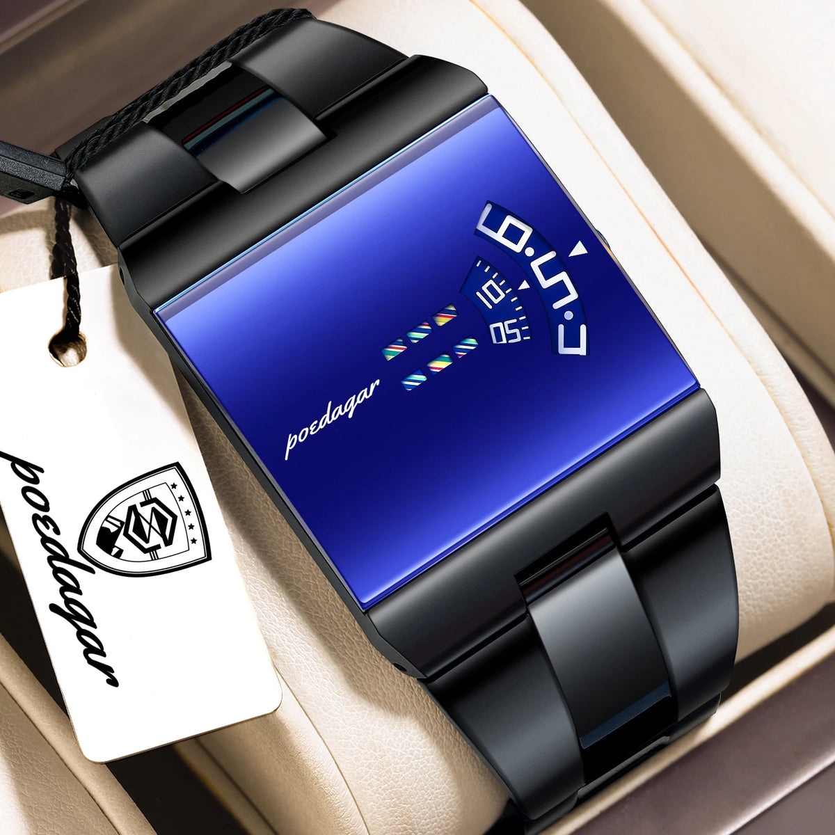 Black and gold POEDAGAR men's rectangular sports watch by Corporación Turística with a sleek design and durable strap.