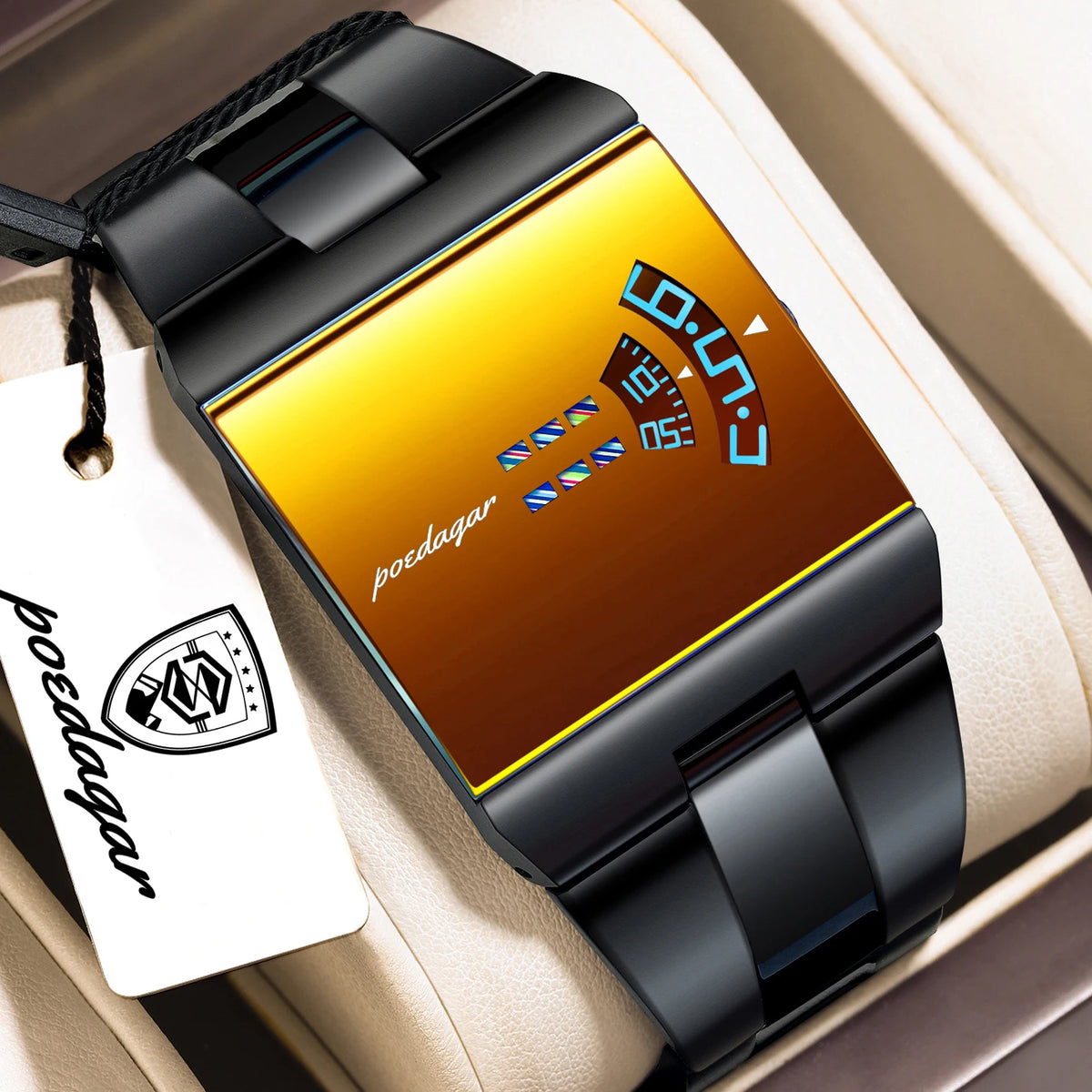 Black and gold POEDAGAR men's original rectangular sports watch with a sleek design, by Corporación Turística.