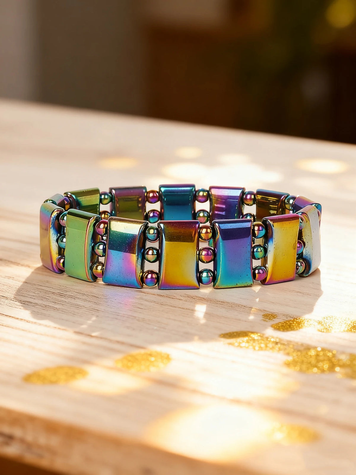 Hematite energy bracelet with rectangular natural stone beads, 19cm length, featuring dark metallic-gray hematite stones.