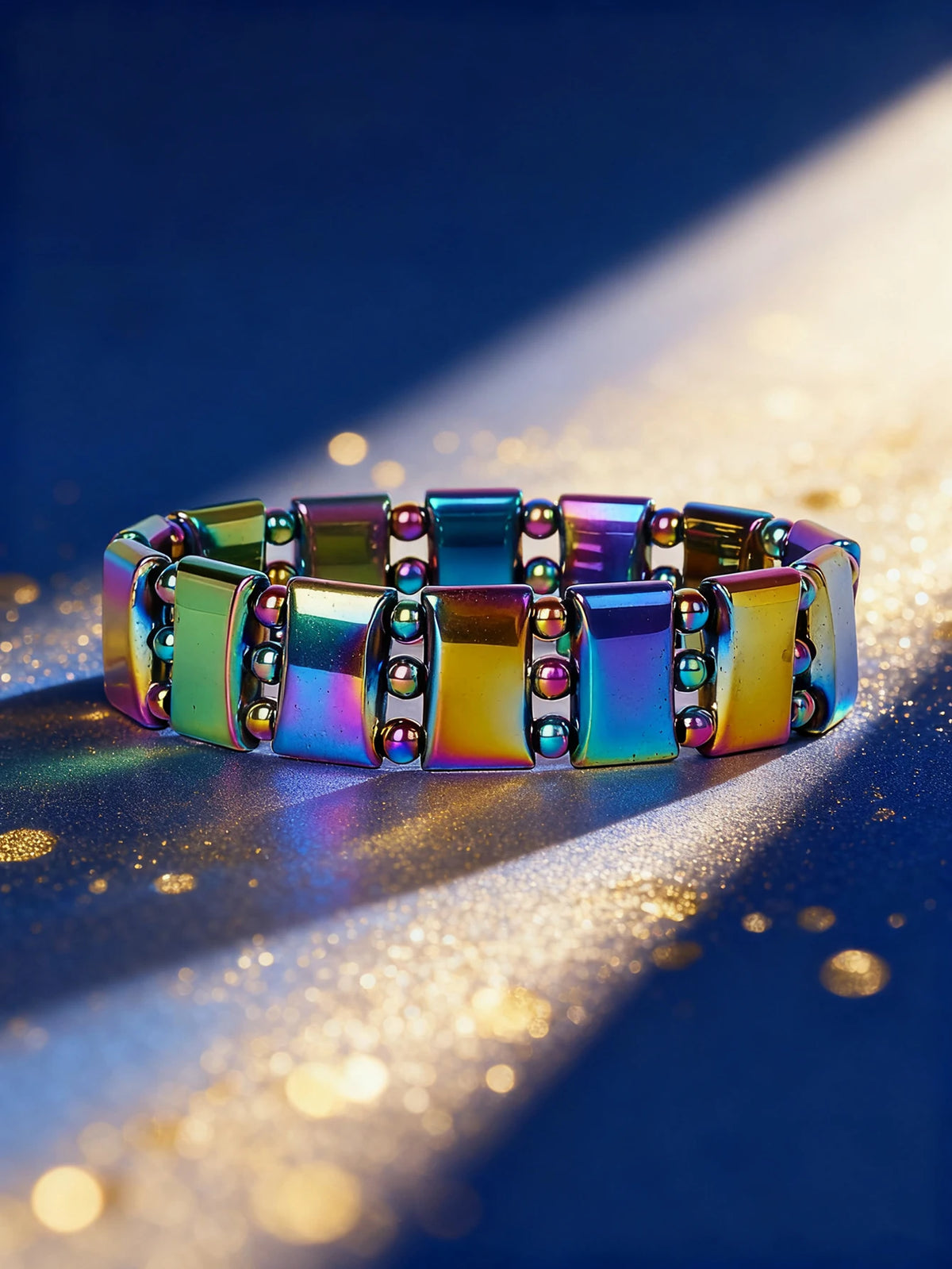 Hematite beaded bracelet with rectangular natural stone beads, 19cm length, from Corporación Turística, stylish jewelry accessory.