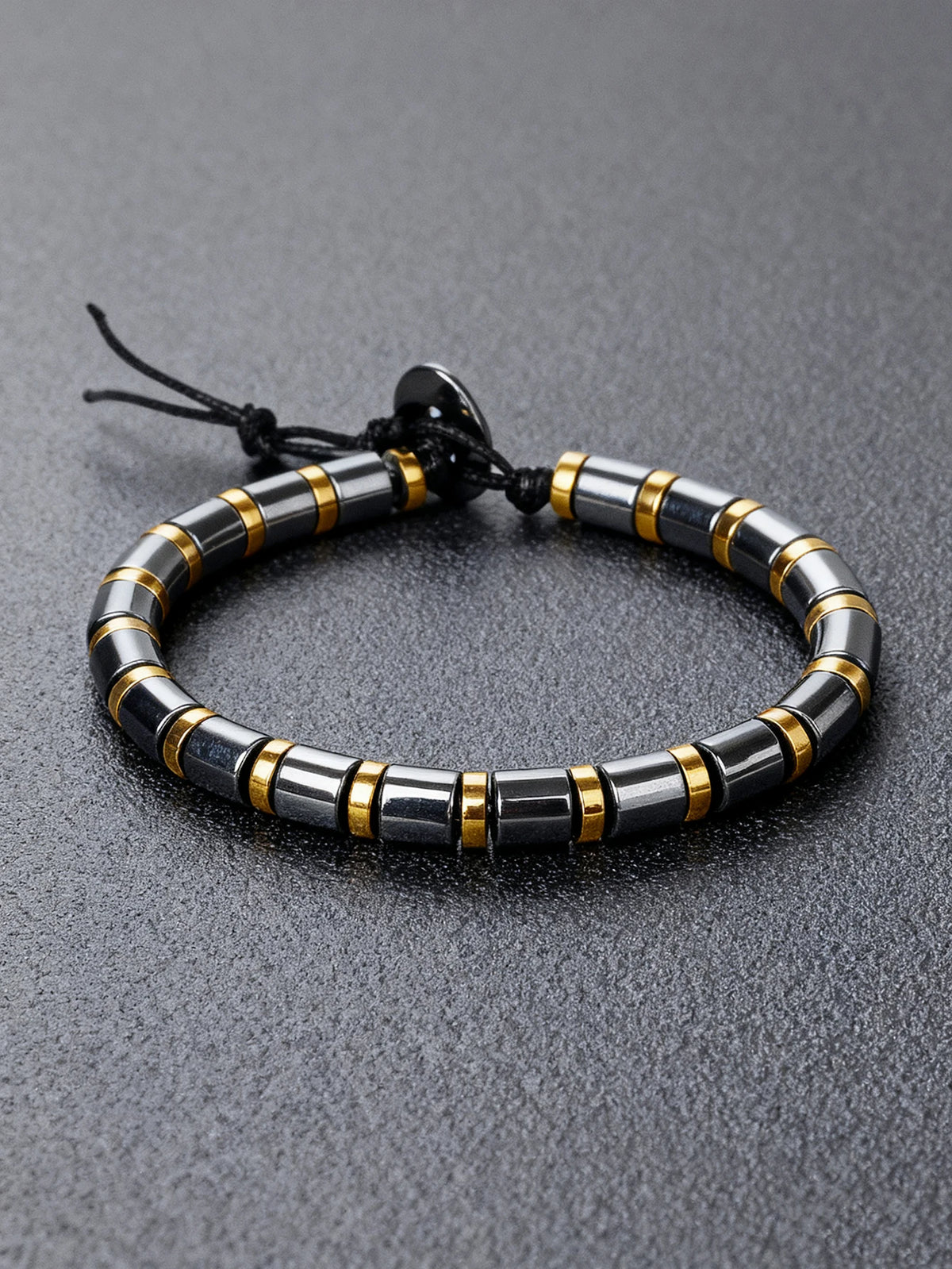 Hematite bracelet with rectangular natural stone beads, 19cm length, featuring dark metallic-gray polished stones.
