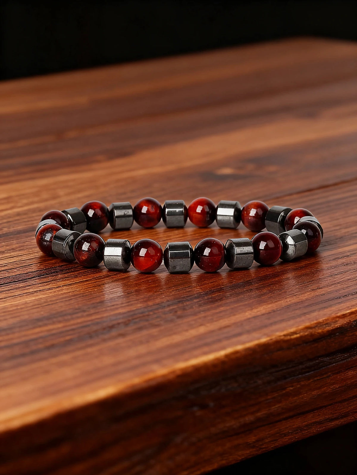 Hematite beaded bracelet with rectangular natural stone beads, 19cm length, by Corporación Turística.