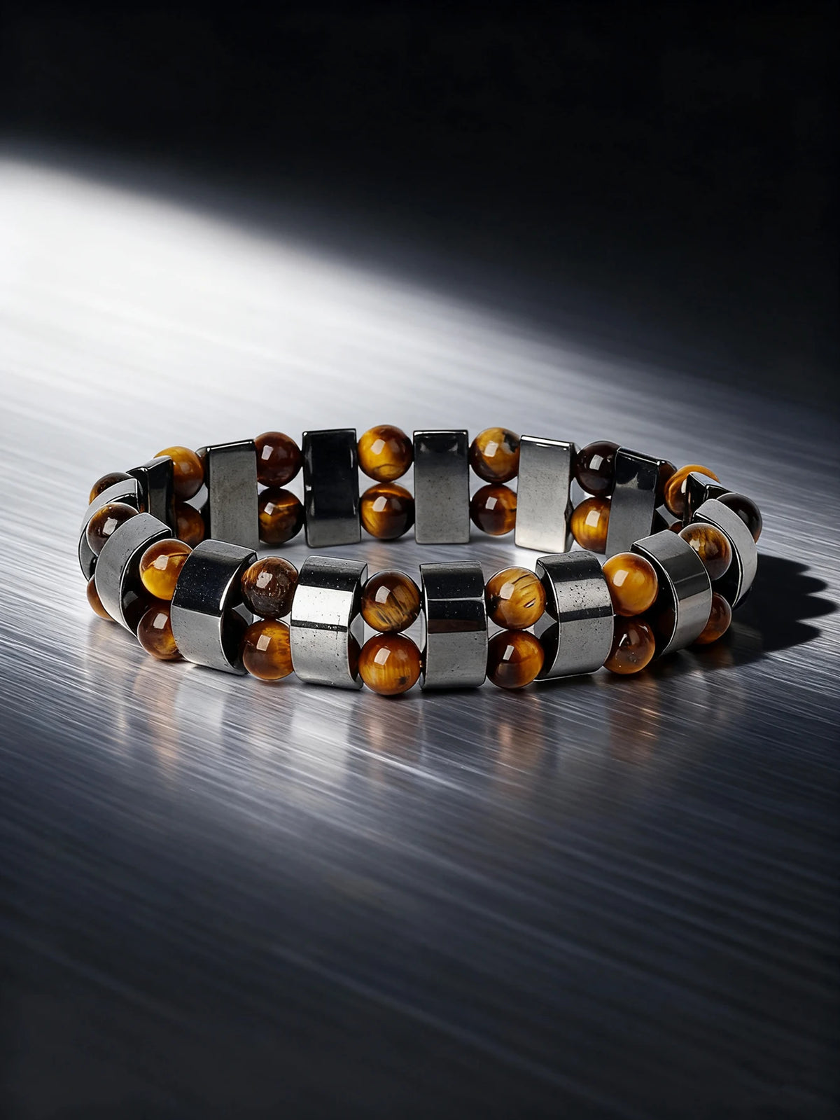 Hematite beaded bracelet with rectangular natural stone beads, 19cm (7.5 inches), by Corporación Turística.