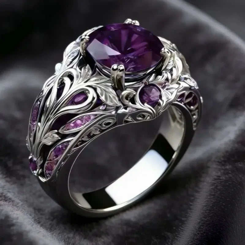 Retro fashion ring by Corporación Turística with purple zirconia stones, featuring a stylish, vintage-inspired design.