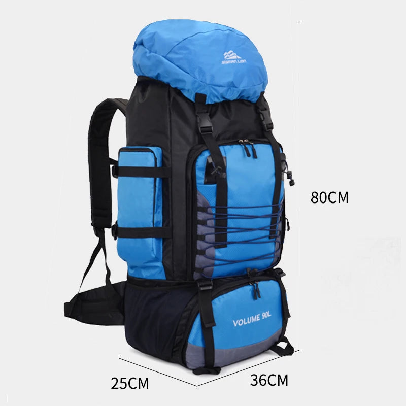 Large 90L black travel bag from Corporación Turística, camping and hiking backpack with spacious storage for outdoor adventures.