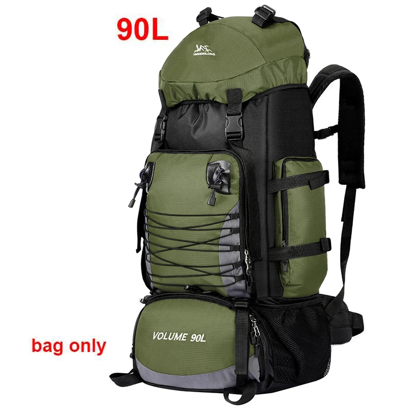 Large 90L black travel bag from Corporación Turística, camping and hiking backpack with sturdy straps and spacious interior.