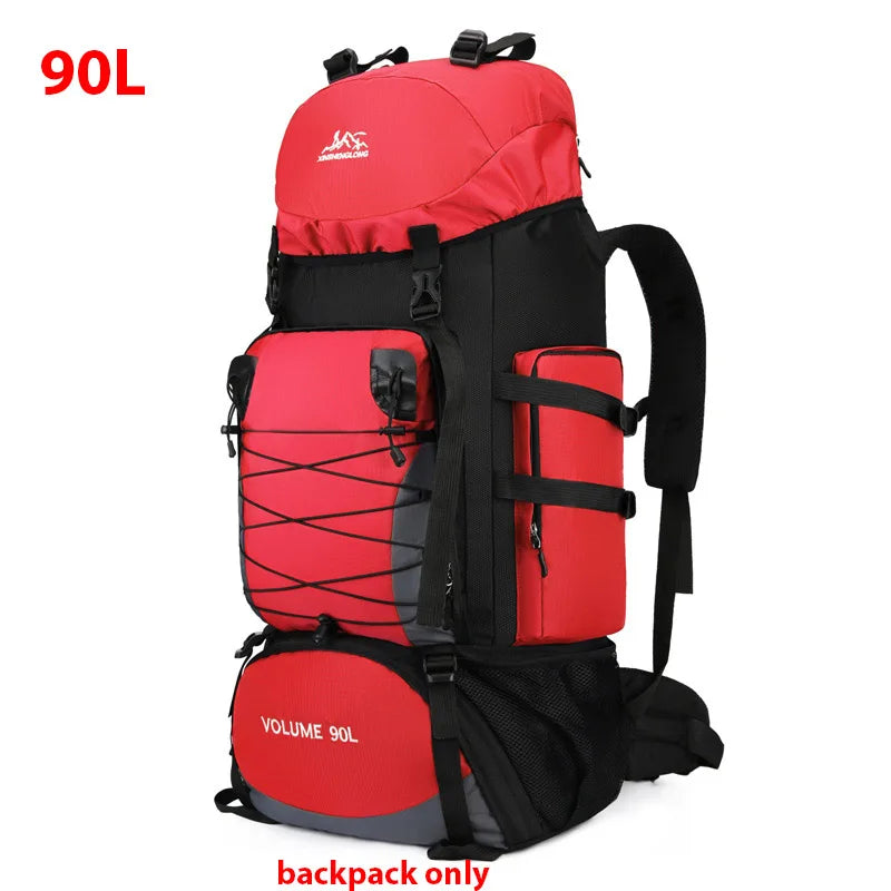 Large 90L black travel bag from Corporación Turística, camping and hiking backpack with sturdy straps and spacious storage.