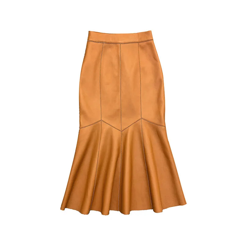 High-waisted midi wool shearling skirt for women in yellow, from Corporación Turística, styled for a chic look.