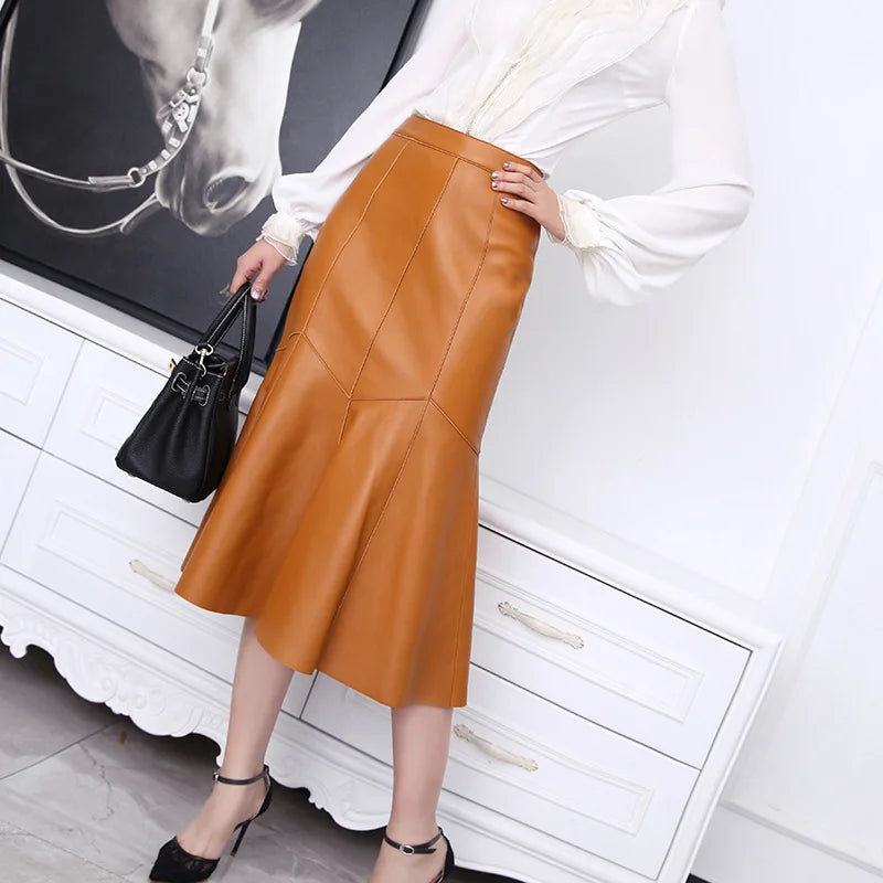 Yellow high-waisted sheep leather midi skirt for women, featuring a sleek and stylish design.