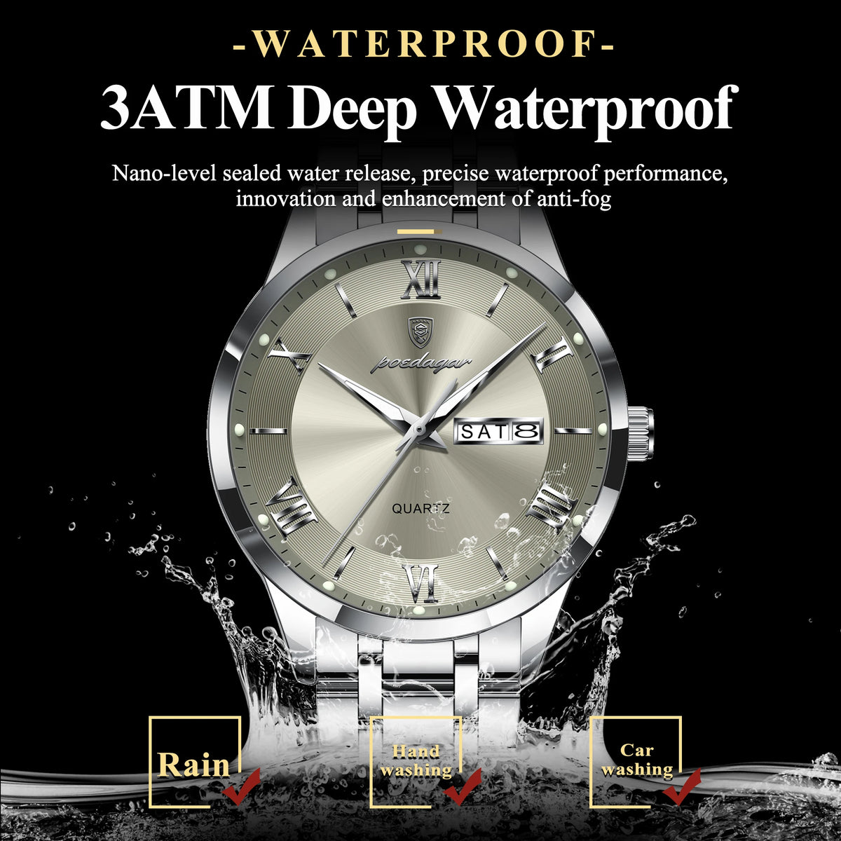 Luxury POEDAGAR men's fashion watch with gold and white dial, featuring a sleek design and stainless steel strap.