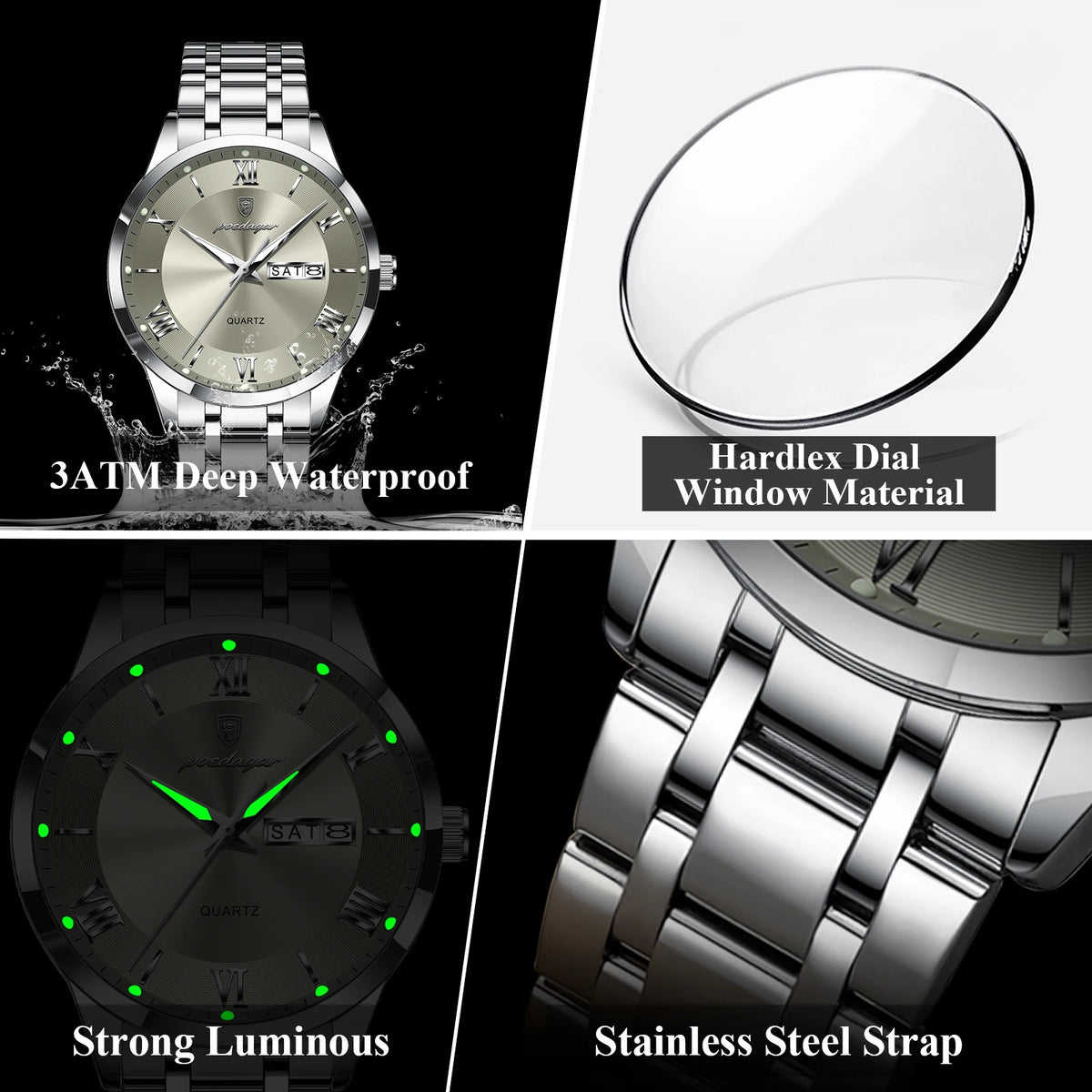 Luxury men's POEDAGAR gold and white fashion watch with a sleek round dial and metal bracelet.