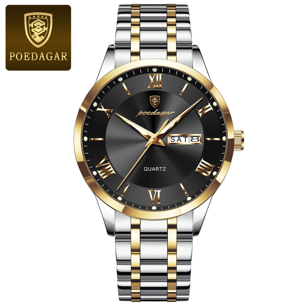 Luxury POEDAGAR men's fashion watch with gold and white dial, featuring a sleek design and metallic band.