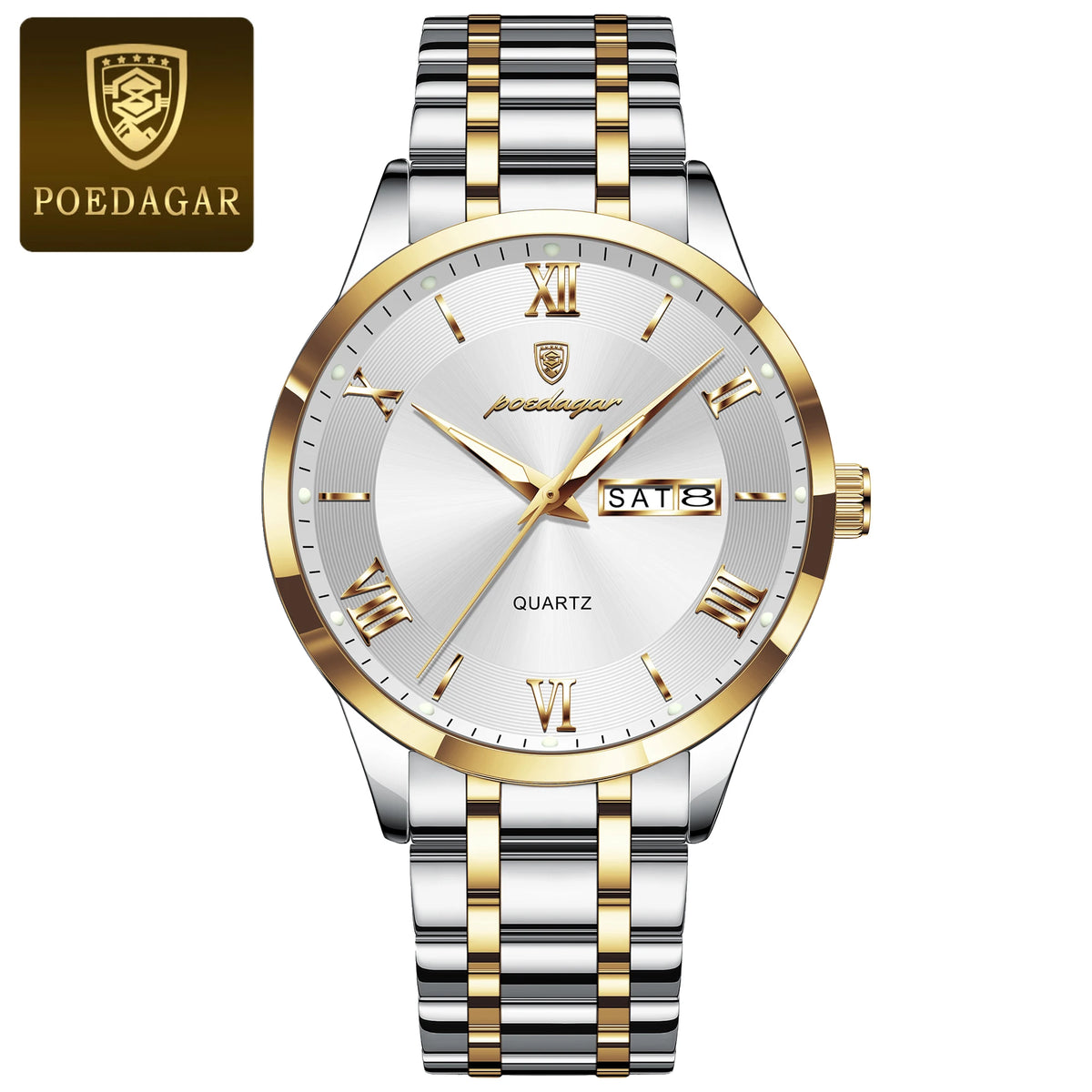 Luxury POEDAGAR men's fashion watch with gold and white dial, featuring a sleek design and metal band.