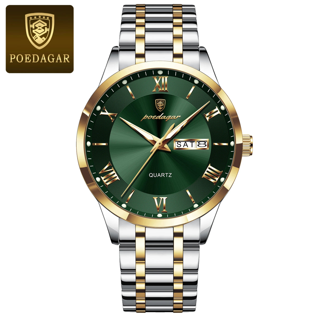 Luxury POEDAGAR men's fashion watch with gold and white dial, stainless steel band, and elegant design.