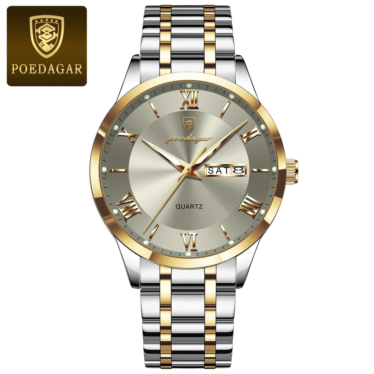 Luxury POEDAGAR men's fashion watch with gold and white dial, featuring a sleek design and silver metal band.