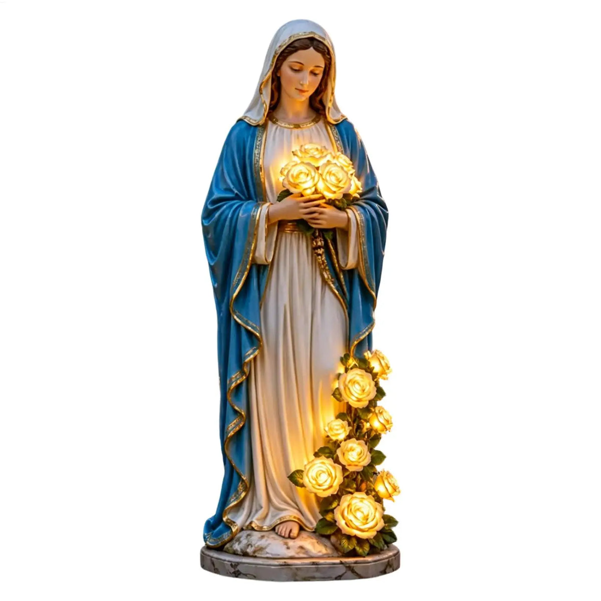 Decorative Virgen María garden statue with roses and illumination, crafted by Corporación Turística for outdoor religious display.