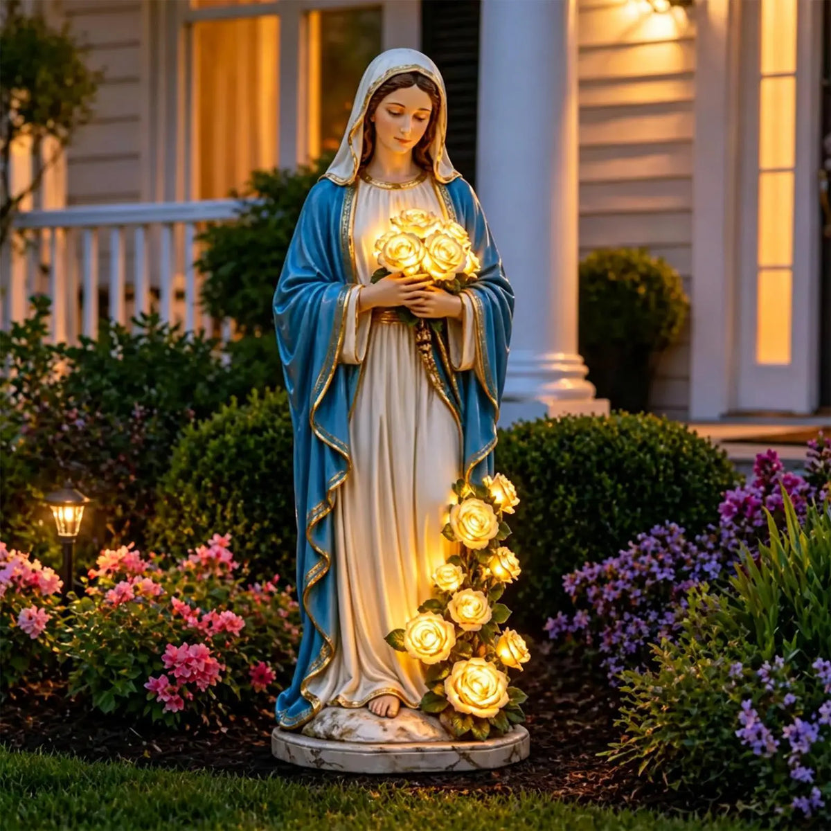 Statue of the Virgin Mary for garden with roses, illuminated, by Corporación Turística, featuring detailed religious figure and floral design.