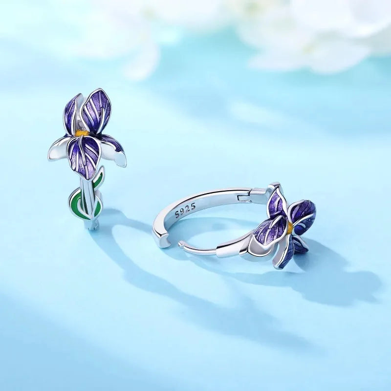 Sterling silver 925 floral purple earrings with intricate flower design, showcasing elegant jewelry craftsmanship.
