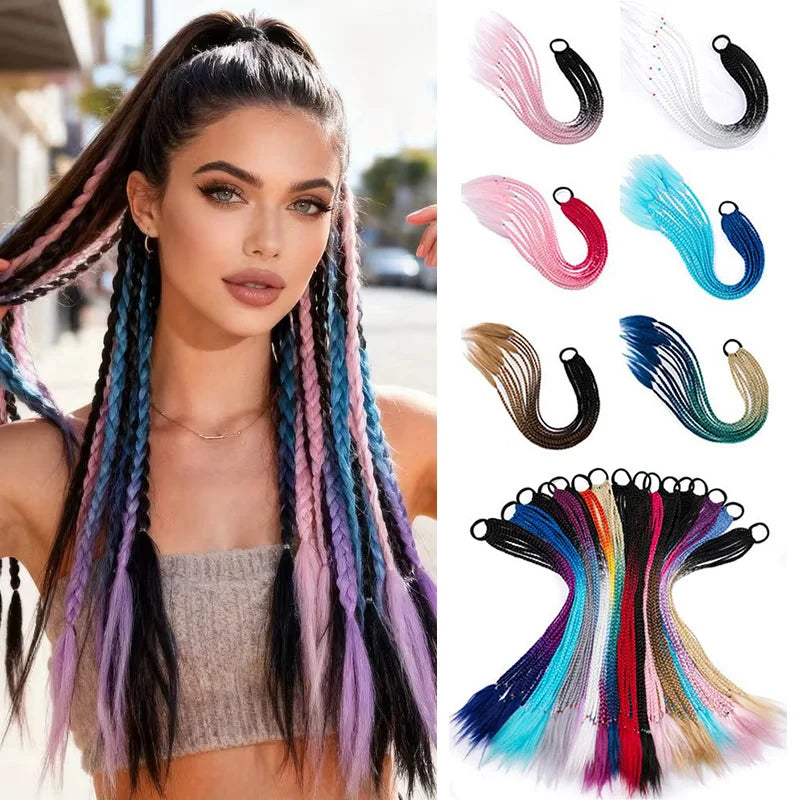 Multicolor rainbow synthetic hair extensions in 24-inch length, displayed with vibrant, multicolored strands for a bold hair look.