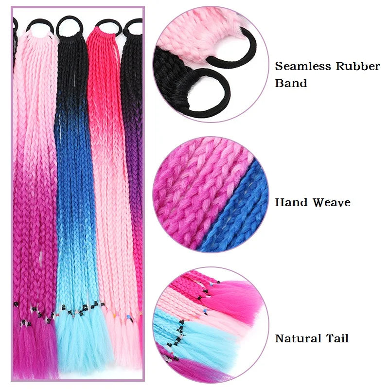 Multicolor rainbow synthetic hair extensions by Corporación Turística, 24 inches long, displayed in a natural hair style.