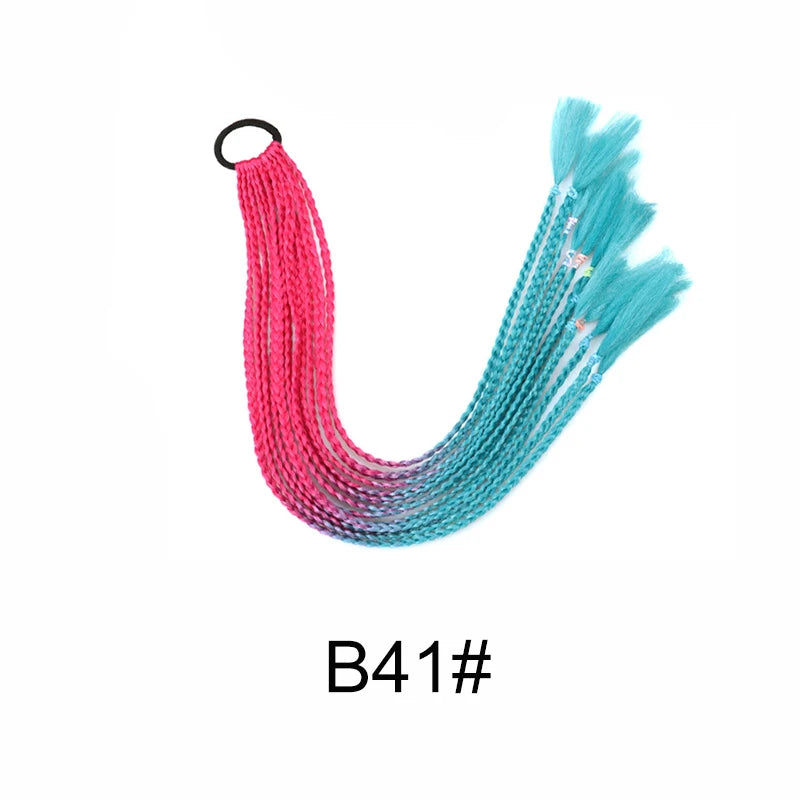 Multicolor rainbow synthetic hair extensions with layered, wavy texture, displayed in a close-up image.